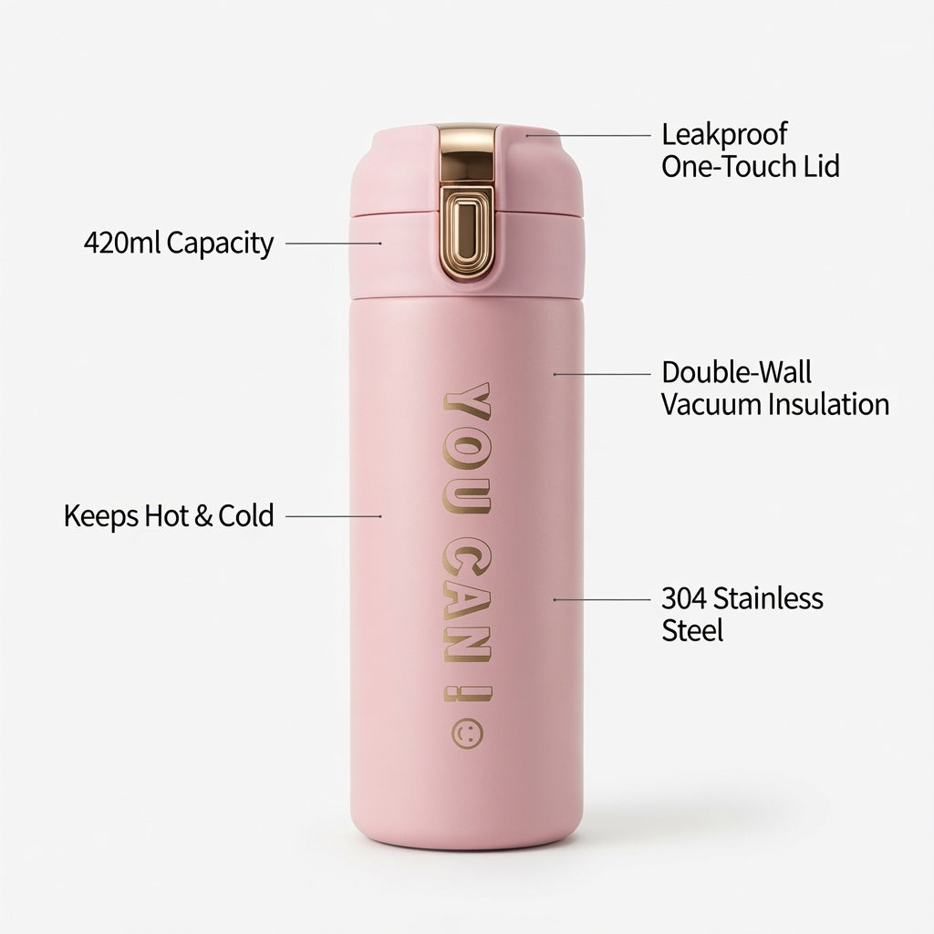YOU CAN JO Vacuum Insulated Travel Bottle – 420ml Stainless Steel Thermal Flask | Leakproof Coffee & Tea Mug