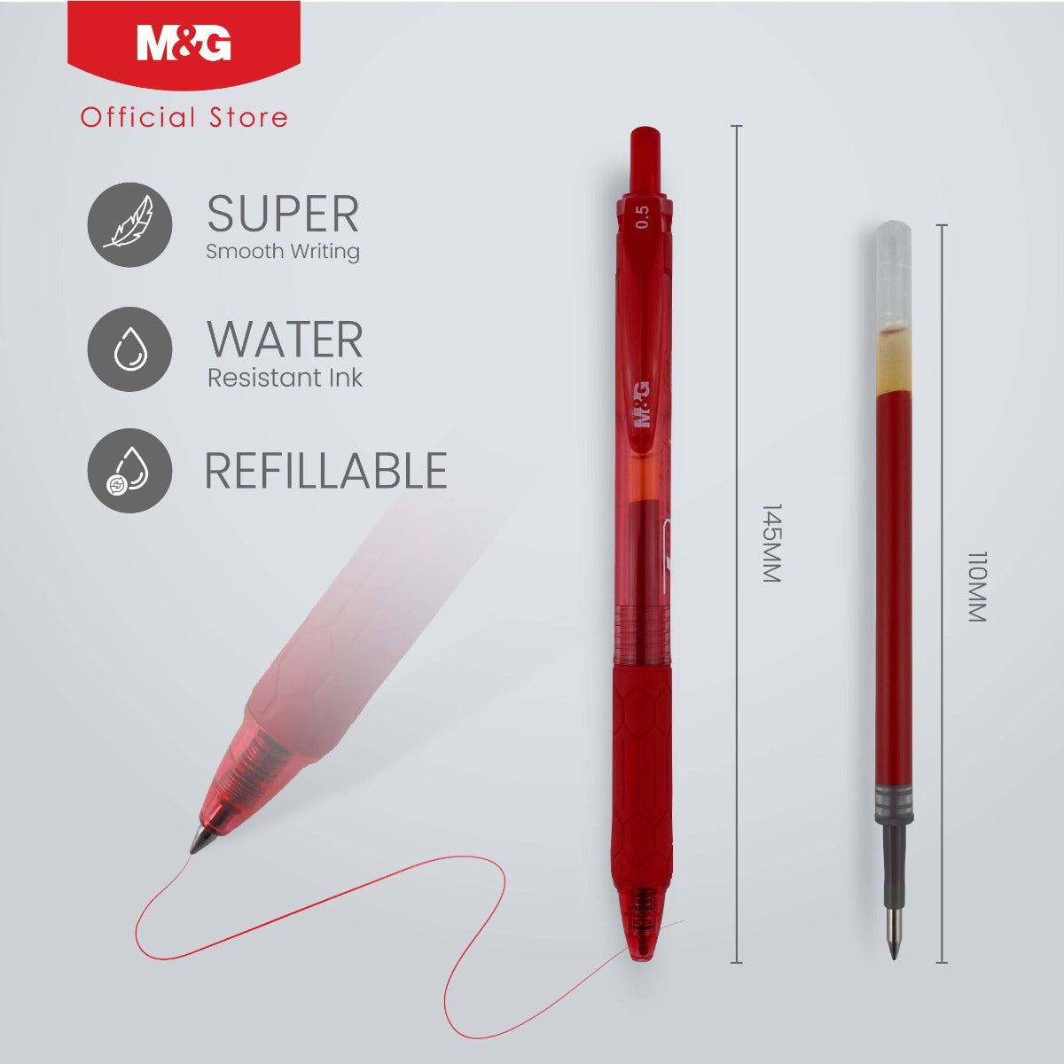 قلم جل أحمر قابل للسحب من إم آند جي تشنغوانغ بيور جل، 0.5 مم - كتابة سلسة - مطاط مريح - قطعة واحدة - رقم المنتج: AGPH1871