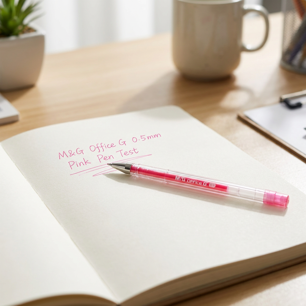 M&G Office G 0.5mm pink gel pen No.13271 on notebook - lifestyle