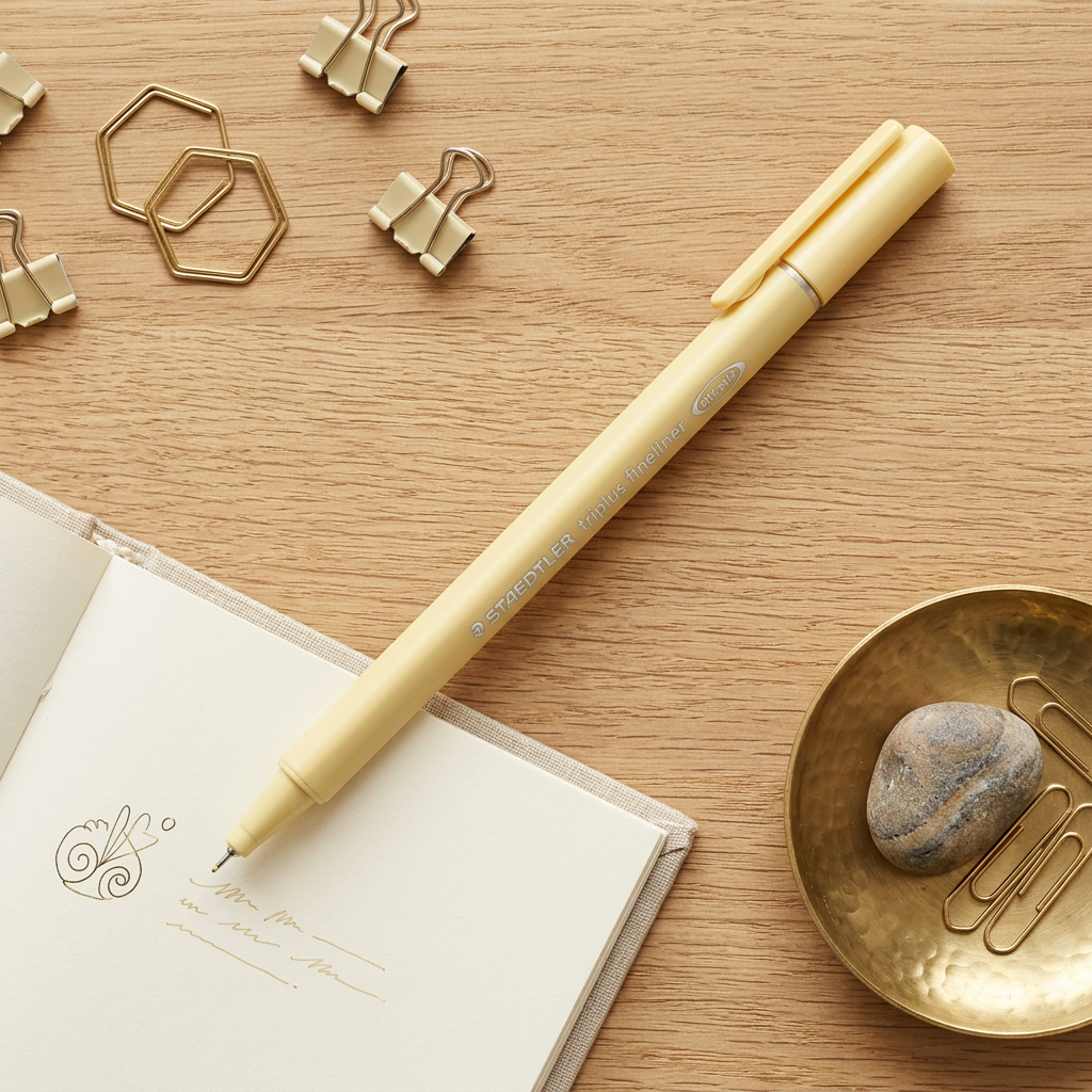 Staedtler Triplus vanilla fineliner flatlay with notebook