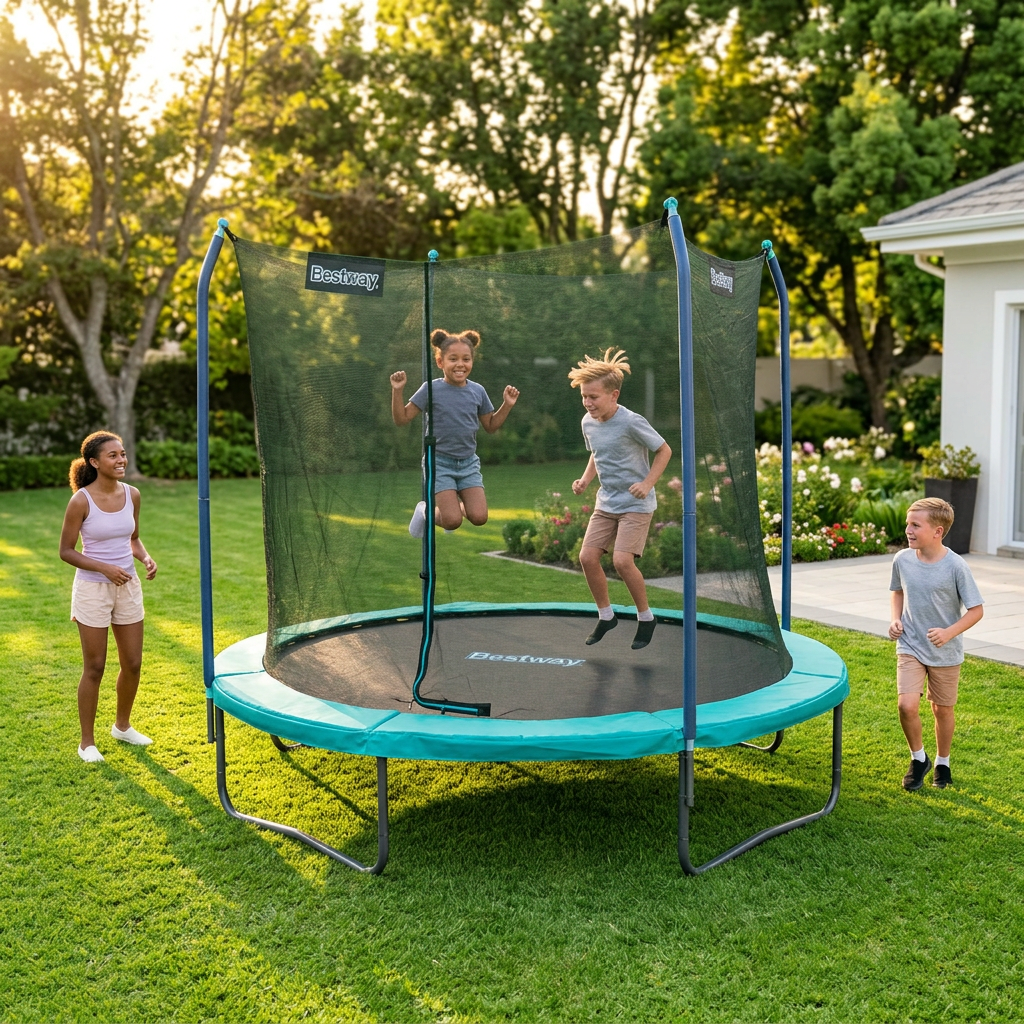 Kids jumping on the Bestway Xtreme Air trampoline with safety net in a backyard