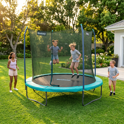 Kids jumping on the Bestway Xtreme Air trampoline with safety net in a backyard