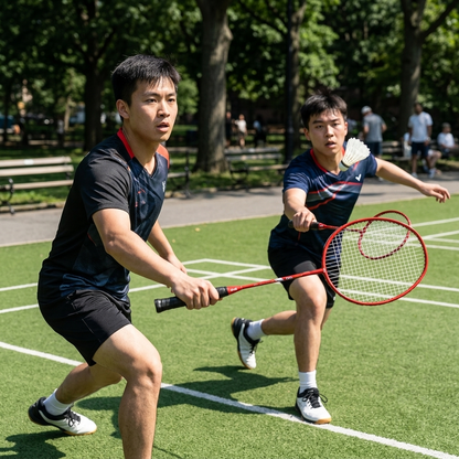 Two people playing badminton with M&G M2 rackets