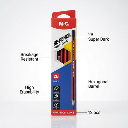 M&G Chenguang BE-PENCIL 2B Wooden Pencils – Super Dark Graphite, Break-Resistant, High Erasability, Hexagonal Barrel, Pack of 12 - No: AWP357Q9