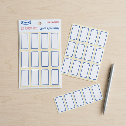 Yassin white blue-bordered labels pack flatlay with labels in a row