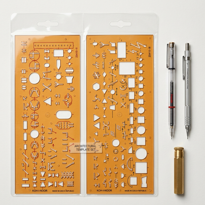 Koh-I-Noor template stencil set flatlay on a drafting desk