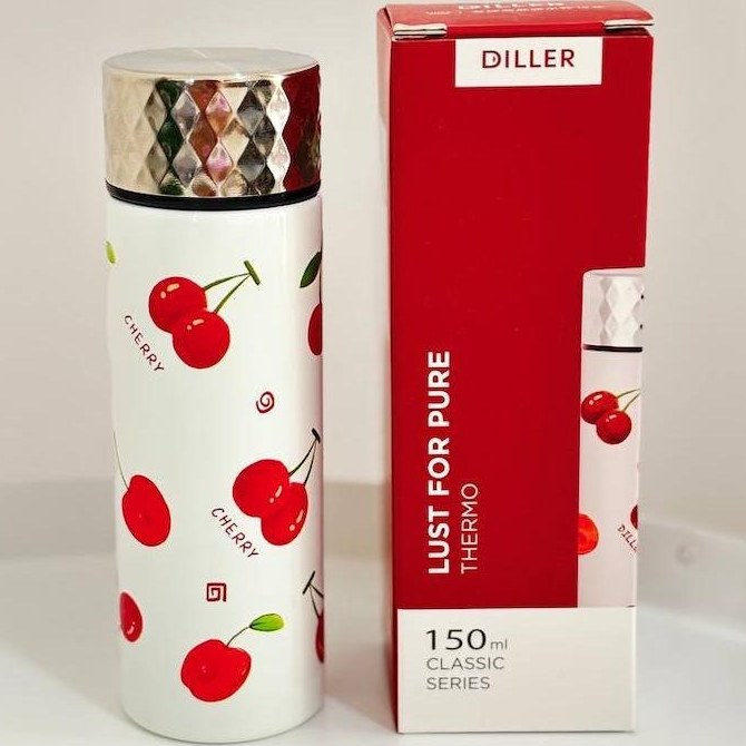 Diller Vacuum Insulated Stainless Steel Water Bottle – Cherry Design, Leakproof Thermal Flask for Hot & Cold Drinks (150ml/ 210ml)