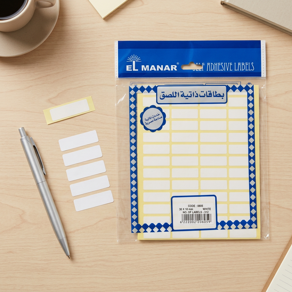 El Manar small white strip labels pack flatlay with labels in a row