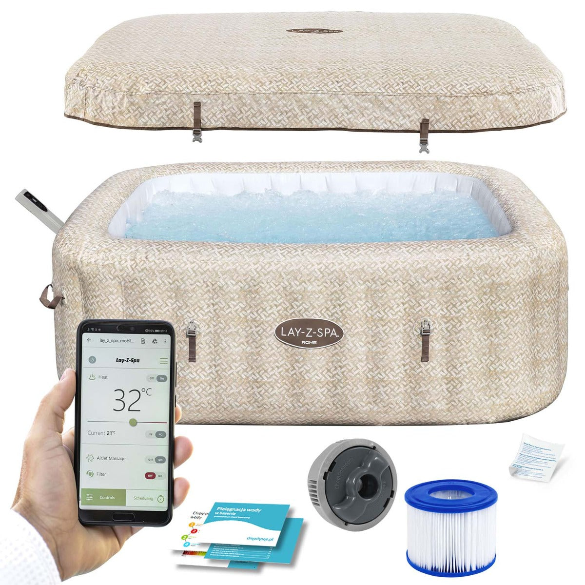 حوض استحمام ساخن قابل للنفخ من بيست واي لاي-زي-سبا روم، موفر للطاقة، مزود بنظام نفاث ذكي، أبعاده 201 سم × 201 سم × 71 سم، مع تحكم عبر تطبيق، يتسع لـ 5-7 أشخاص - رقم المنتج: 6001M