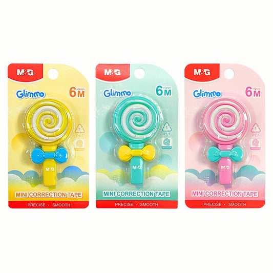 M&G Chenguang Glimmo Mini Lollipop Correction Tape 6m x 5mm – Cute Candy Design, Instant Dry PET Correction Tape (Assorted Colors) - 1pcs - No: ACT57872