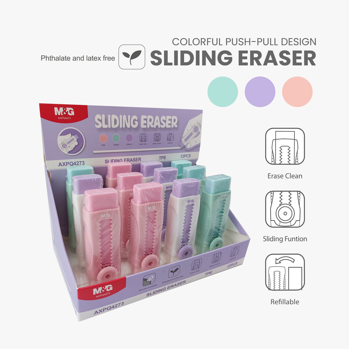 M&G Chenguang Sliding Eraser – Retractable Push-Pull Eraser – Refillable TPE Eraser – Assorted Colors - 1pcs - No: AXPQ4273