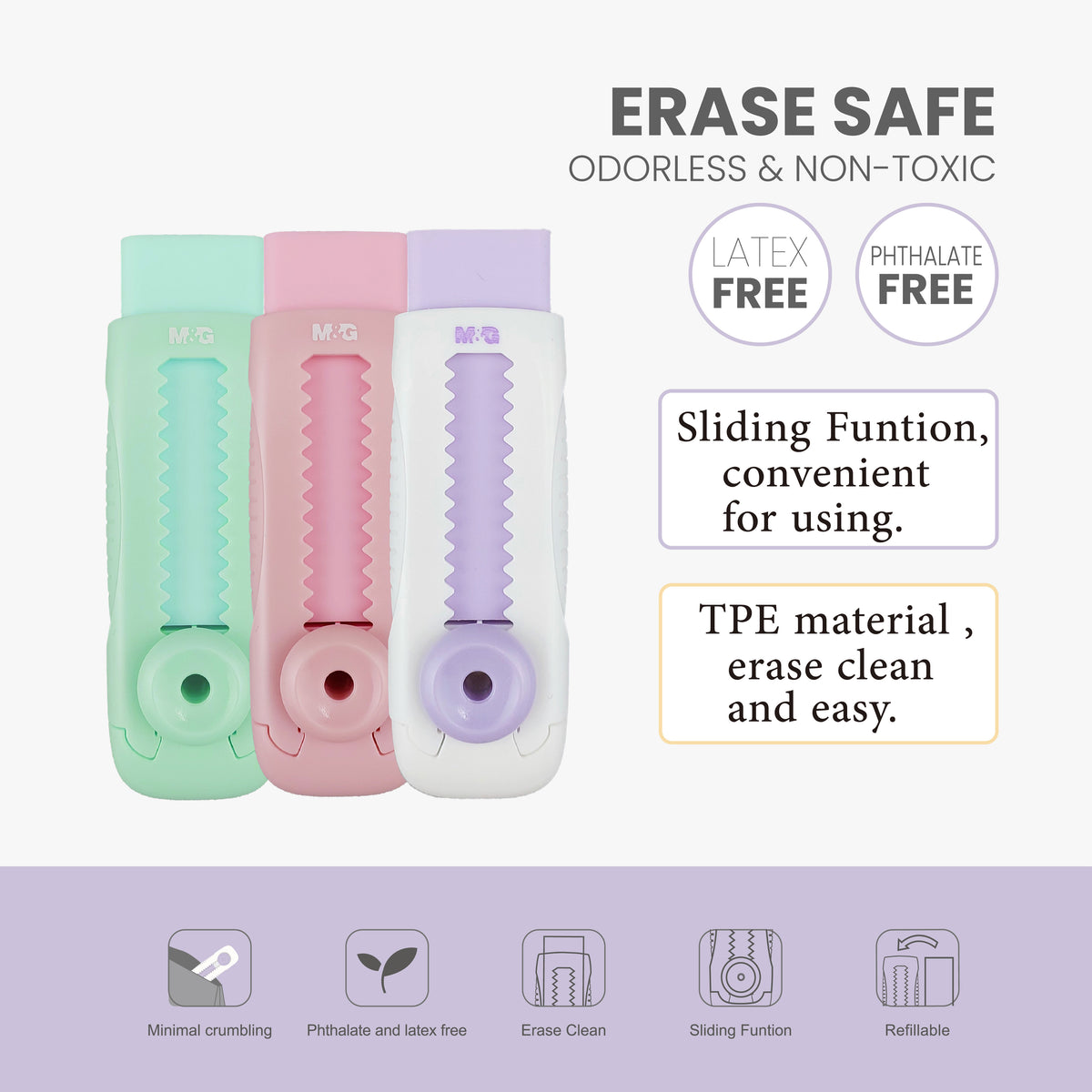 M&G Chenguang Sliding Eraser – Retractable Push-Pull Eraser – Refillable TPE Eraser – Assorted Colors - 1pcs - No: AXPQ4273