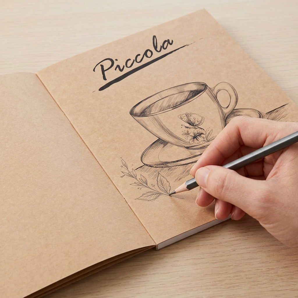 Hand sketching in the small Yassin Piccola sketchbook held in hand