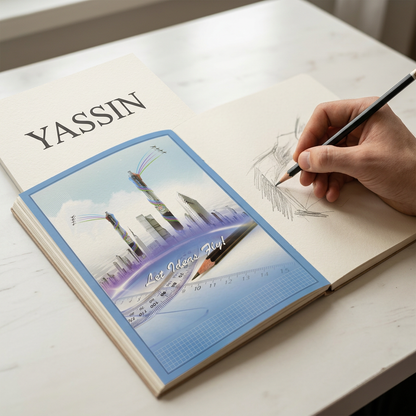 Hand sketching in the open Yassin square sketchbook on a desk