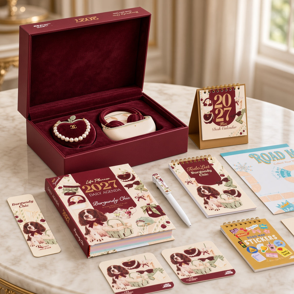 Mofakera Burgundy Chic 2027 Year Gift Box – Luxury A5 Daily Planner & 10-Piece Stationery Gift Set - Dark Red ( Agenda )