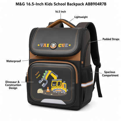 M&G Chenguang 16.5-Inch Kids School Backpack – Lightweight Waterproof Bag with Dinosaur & Construction Vehicle Design - No:ABB904R7B