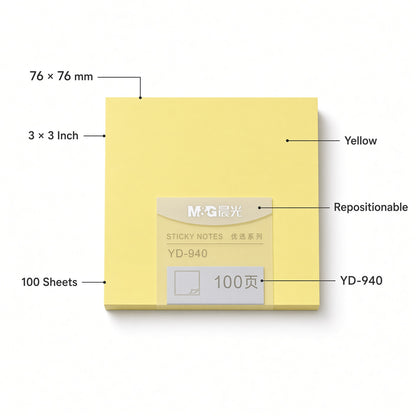 M&G Chenguang Sticky Notes  – 3×3 Inch, Yellow, 100 Sheets – Repositionable Self-Adhesive Memo Notes - 1pcs - No: YD-940