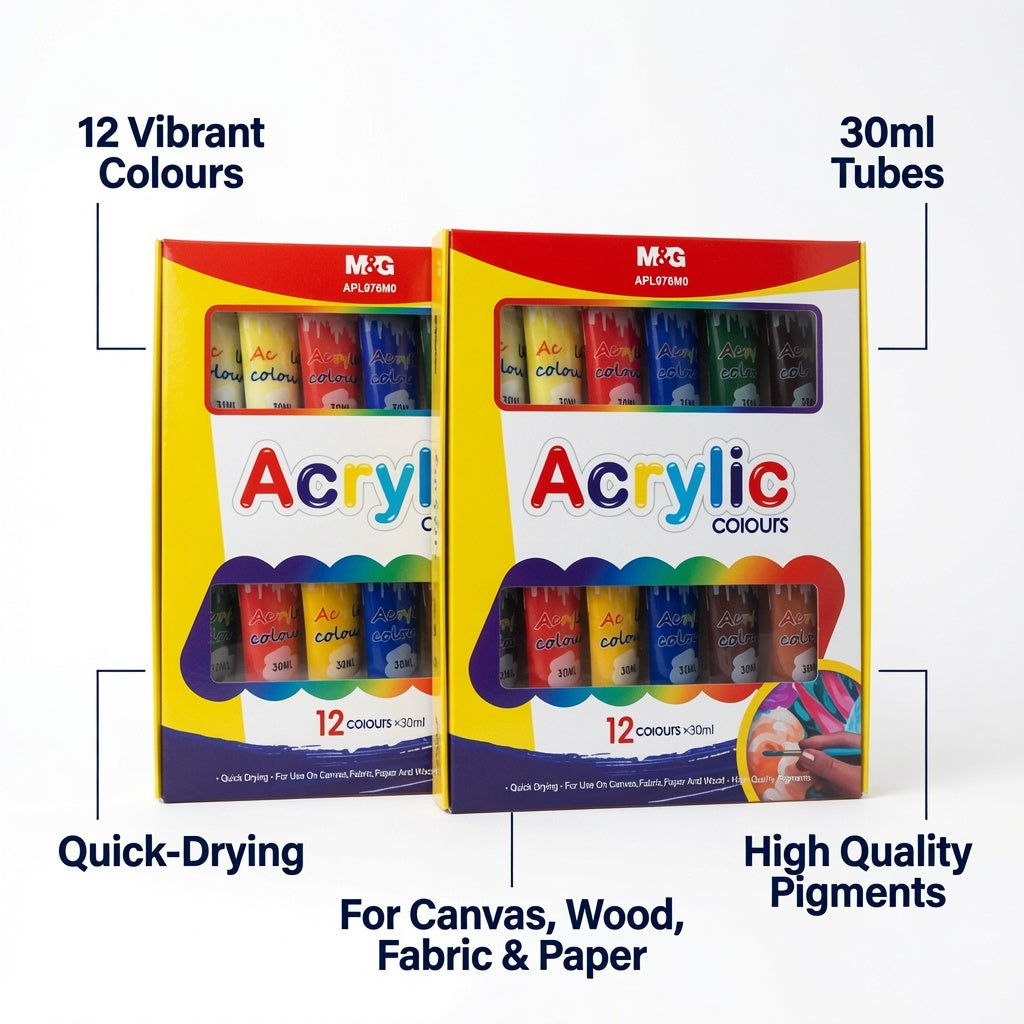 M&G Chenguang Acrylic Paint Set – 12 x 30ml Vibrant Colours, Quick-Drying High Pigment Acrylic Paints for Canvas, Wood, Fabric, Paper & Crafts - No: APLP76M0