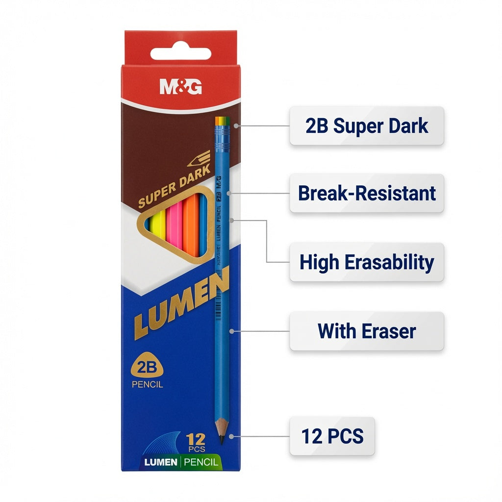 M&G Chenguang LUMEN 2B Wooden Pencils With Eraser – 12-Pack, Break-Resistant, Smooth Writing, High Erasability, School & Office Use - No: AWP309E1