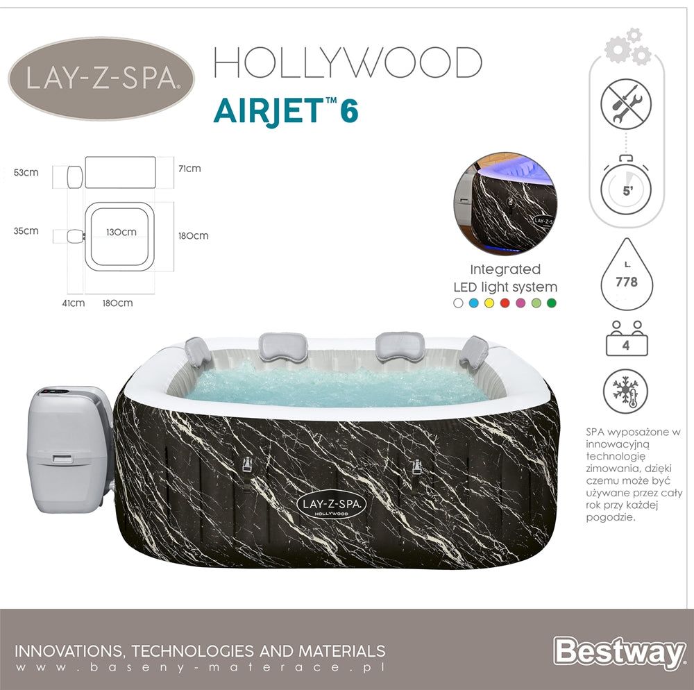 حوض استحمام ساخن قابل للنفخ من بيست واي لاي-زي-سبا هوليوود، موفر للطاقة، فاخر، مزود بإضاءة LED، يتسع لـ 4-6 أشخاص، أبعاده 1.80 متر × 66 سم - رقم المنتج: 6001F