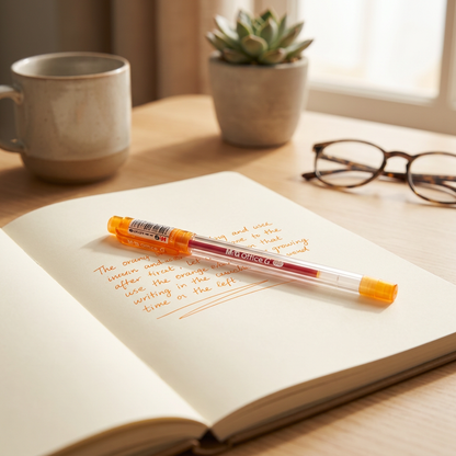 M&G Office G 0.5mm orange gel pen on a notebook - lifestyle
