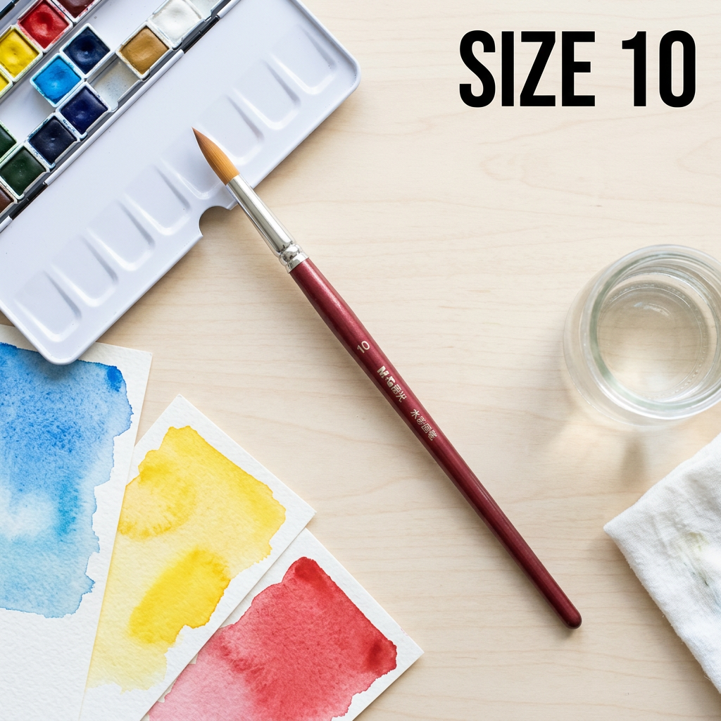 M&G watercolor round brush size 10 flatlay with palette and swatches