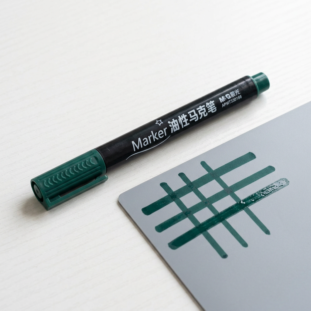 M&G oil-based paint marker flatlay with marked sample