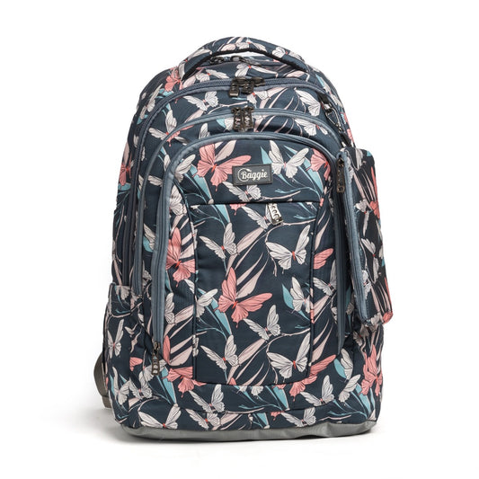 حقيبة ظهر كبيرة الحجم مناسبة لأجهزة الكمبيوتر المحمولة مقاس 15.6 بوصة و19 بوصة مع حافظة أقلام - (فراشات / رمادي)