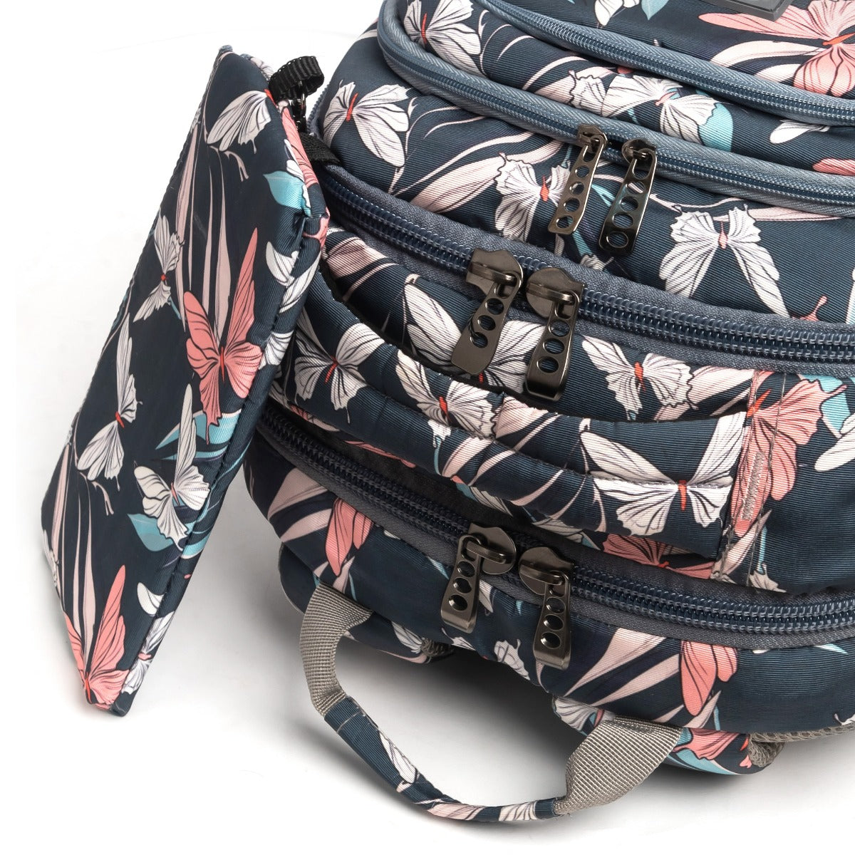 حقيبة ظهر كبيرة الحجم مناسبة لأجهزة الكمبيوتر المحمولة مقاس 15.6 بوصة و19 بوصة مع حافظة أقلام - (فراشات / رمادي)