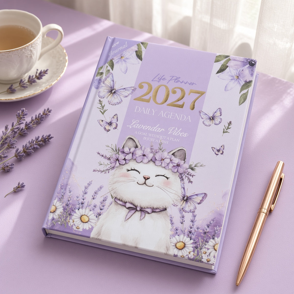 Mofakera Lavender Vibes Hardcover Daily Agenda 2027 – Premium Planner with Gift Card & Bookmark - Size : A5 - Purple (Agenda)