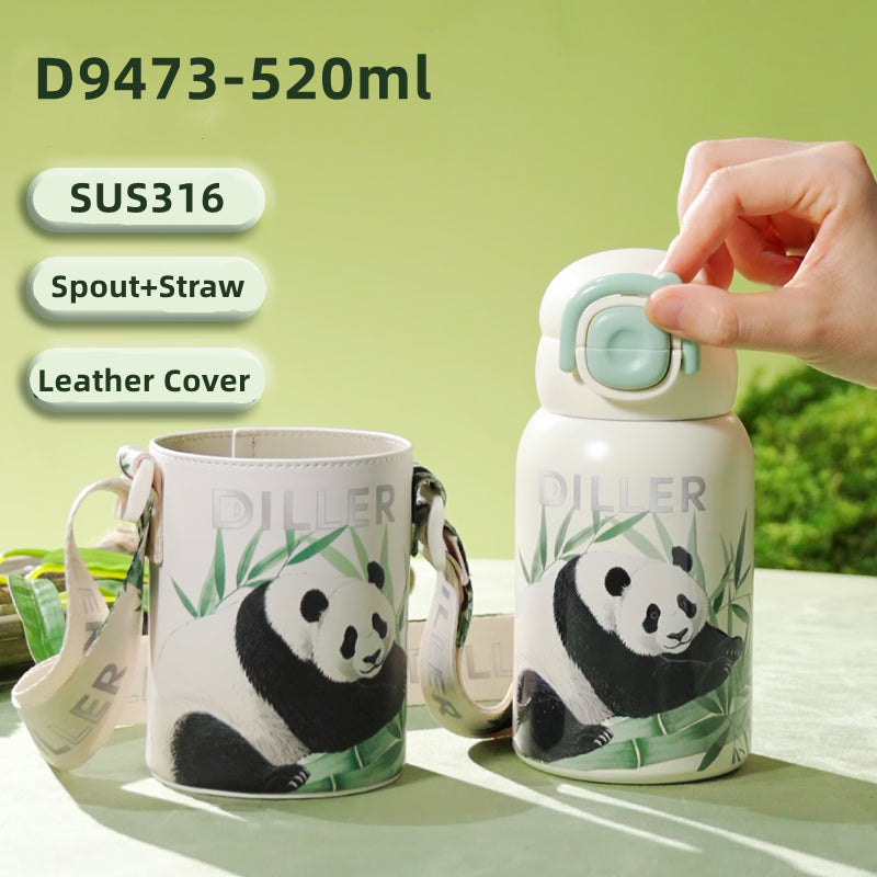 DILLER Panda Vacuum Insulated Water Bottle with Protective Sleeve & Shoulder Strap – 520ml