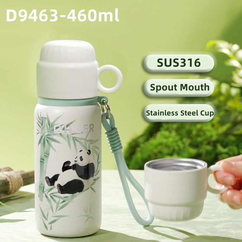 DILLER Panda Vacuum Insulated Stainless Steel Water Bottle and Cup with Strap – 460ml Leakproof Travel Flask