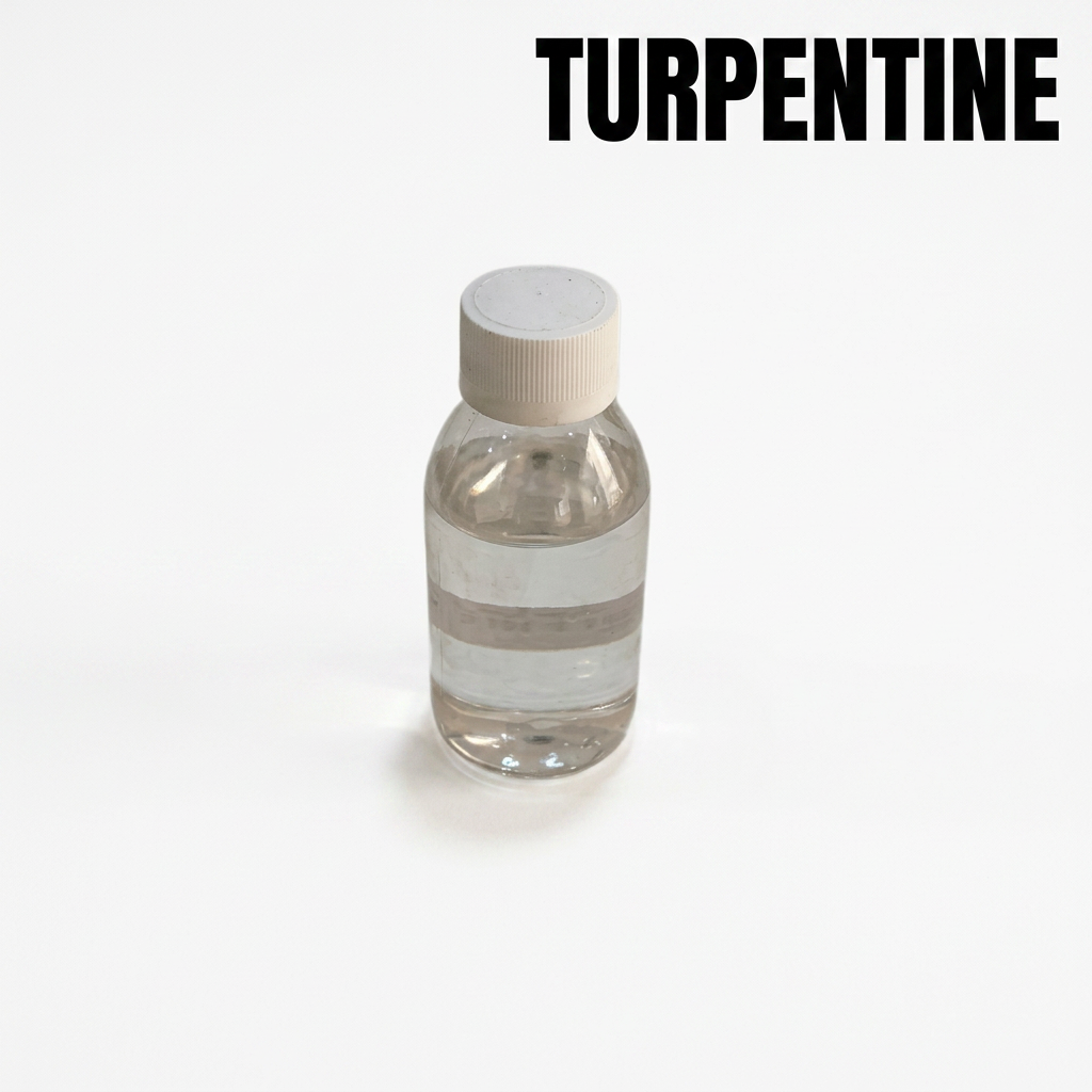 Bottle of transparent turpentine for brushes studio packshot with label