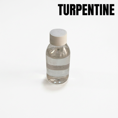 Bottle of transparent turpentine for brushes studio packshot with label