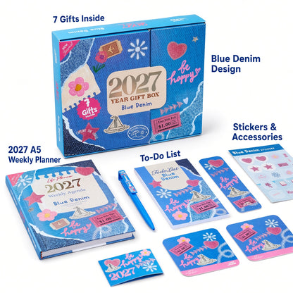 Mofakera Blue Denim 2027 Weekly Gift Box – A5 Weekly Planner & 7-Piece Stationery Gift Set - Jeans (Agenda )