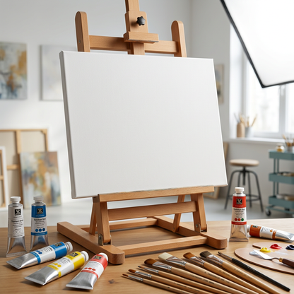 Blank stretched canvas mounted on an easel in a bright art studio