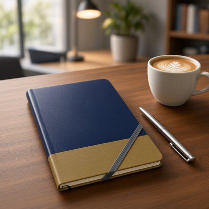 YASSIN Golden Notebook – A5 Ruled Notebook, 192 Pages, 8 mm Lines, 70 GSM, Elastic Closure, Pen Holder, 12 × 19.5 cm - No: 1323