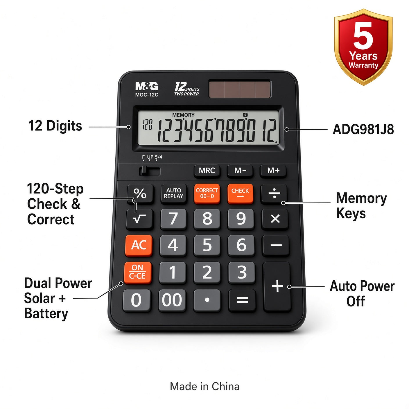 M&G Chenguang MGC-12C 12-Digit Desktop Calculator with Check & Correct Function, Memory Keys, Dual Power and Auto Power Off - 1pcs - No: ADG981J8