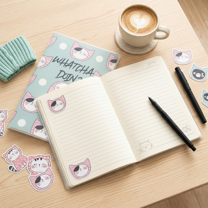M&G Chenguang So Many Cats soft cover B5 notebook flatlay open to ruled pages with pen and coffee