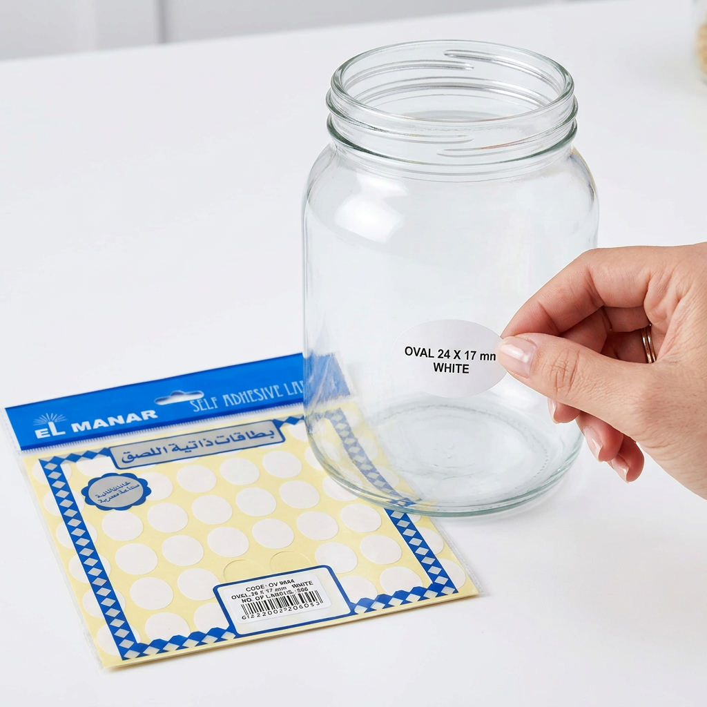 Applying a white oval El Manar label to a glass storage jar