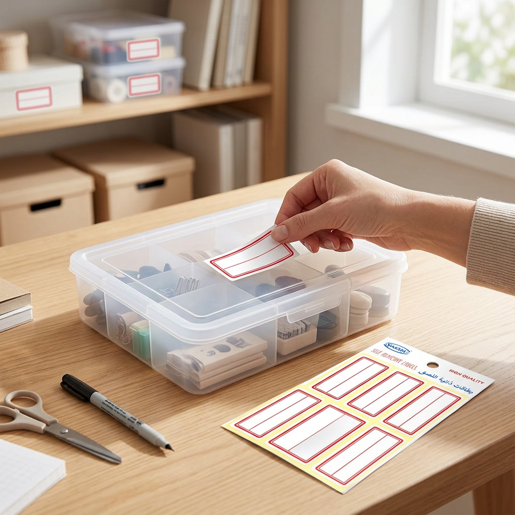 Labeling a storage box with a Yassin white red-bordered self-adhesive label
