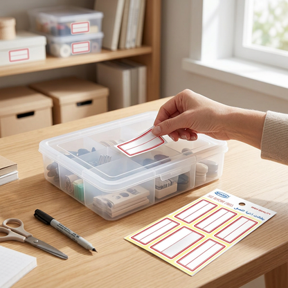 Labeling a storage box with a Yassin white red-bordered self-adhesive label