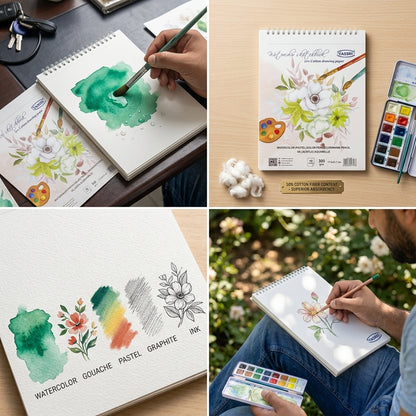 YASSIN Watercolor Sketchbook – 300 GSM, 50% Cotton Drawing Paper, 10 Sheets, Spiral Bound, 17.5 × 21.7 cm