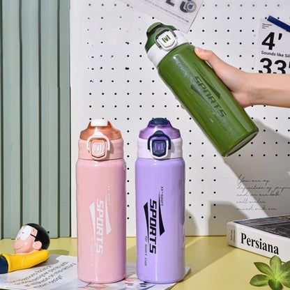 Sports Stainless Steel Water Bottle 600ml | Leak Proof Vacuum Insulated Flask | Hot & Cold Thermos Bottle with Strap for Gym, School, Office & Travel