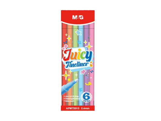 M&G Chenguang Juicy Fineliner Pens Set – 6 Assorted Colors, 0.4mm Fine Tip Pens for Writing, Drawing, Outlining & Note Marking – No: APMT5910