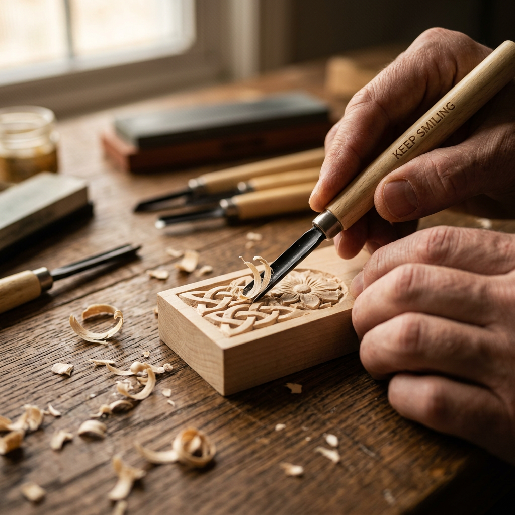 Keep Smiling wood carving chisel in use carving a pattern into a wood block