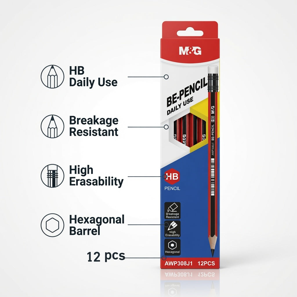 M&G Chenguang BE-PENCIL HB Wooden Pencils – Premium Graphite Pencils, Break-Resistant, High Erasability, Hexagonal Barrel, Pack of 12 - No: AWP308J1