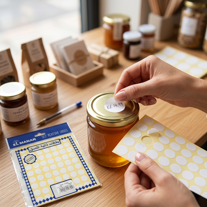 Applying El Manar white round 10mm label to jar lid for price marking