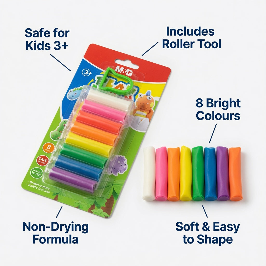 M&G Chenguang Play Dough Set – 8 Assorted Colours, Soft Modelling Clay with Roller Tool, Non-Drying & Safe Formula for Kids (3+) - No: AKE040F7