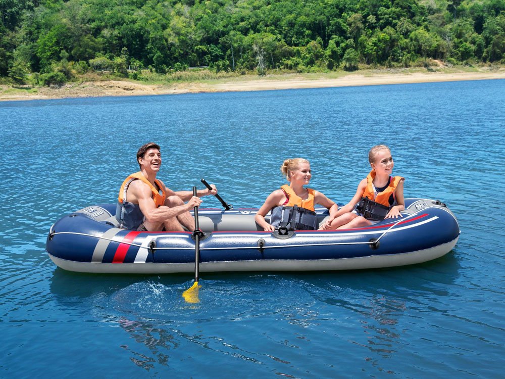 قارب مطاطي قابل للنفخ من بيست واي، طراز TRECK X3، مزود بثلاثة مجاديف تتسع لأربعة أشخاص - 318 سم × 152 سم - رقم: 61110 